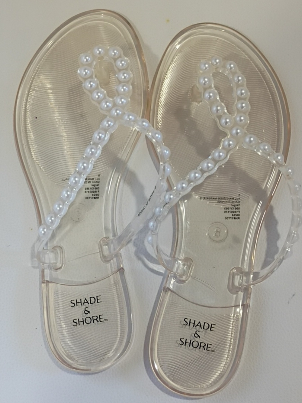Shade & Shore Clear Pearl T-Strap Jelly Sandals - White Pearls